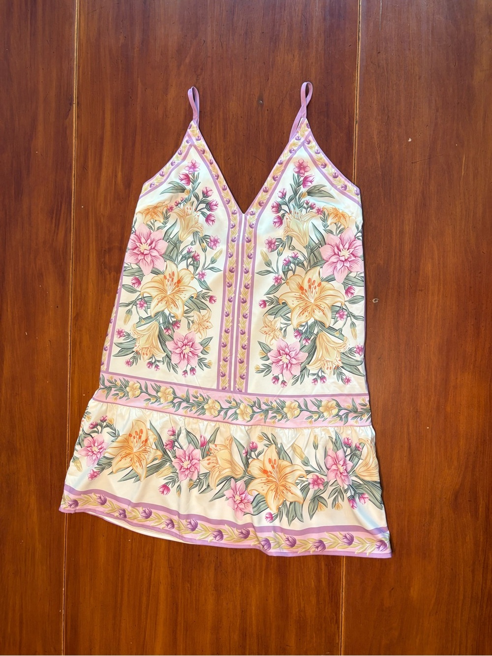 Floral V-Neck Mini Dress in Cream with Pink & Yellow Accents